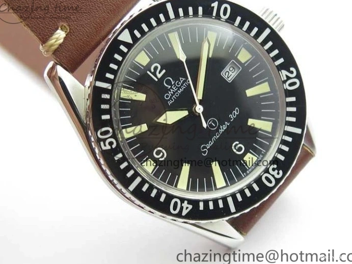 0115 Vintage Seamaster 300 Date T SS B12 Black Dial On Brown Leather Strap A2836 (Free Nylon Strap) WeatherProof 7911